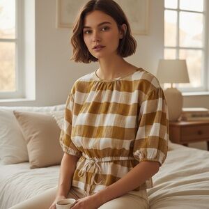 Who What Wear Linen Rayon Women’s Plaid Top Blouse Honey Tan